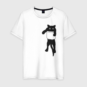 Мужская футболка хлопок с принтом Черный котик в кармане в Курске, 100% хлопок | прямой крой, круглый вырез горловины, длина до линии бедер, слегка спущенное плечо. | Тематика изображения на принте: 