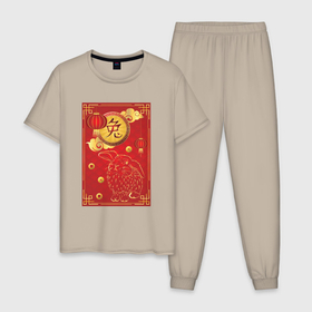 Мужская пижама хлопок с принтом Китайский иероглиф и золотой кролик на красном в Кировске, 100% хлопок | брюки и футболка прямого кроя, без карманов, на брюках мягкая резинка на поясе и по низу штанин
 | 