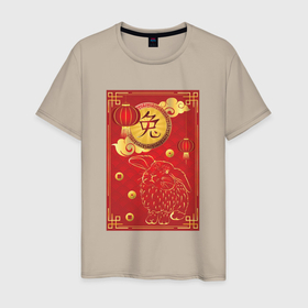 Мужская футболка хлопок с принтом Китайский иероглиф и золотой кролик на красном в Курске, 100% хлопок | прямой крой, круглый вырез горловины, длина до линии бедер, слегка спущенное плечо. | 