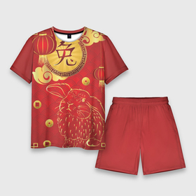 Мужской костюм с шортами 3D с принтом Китайский иероглиф и золотой кролик на красном фоне в Петрозаводске,  |  | 