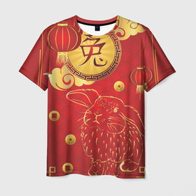 Мужская футболка 3D с принтом Китайский иероглиф и золотой кролик на красном фоне в Екатеринбурге, 100% полиэфир | прямой крой, круглый вырез горловины, длина до линии бедер | 