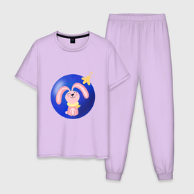 Мужская пижама хлопок с принтом Розовый кролик в елочном шаре в Новосибирске, 100% хлопок | брюки и футболка прямого кроя, без карманов, на брюках мягкая резинка на поясе и по низу штанин
 | Тематика изображения на принте: 