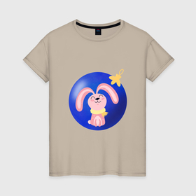 Женская футболка хлопок с принтом Розовый кролик в елочном шаре в Тюмени, 100% хлопок | прямой крой, круглый вырез горловины, длина до линии бедер, слегка спущенное плечо | 