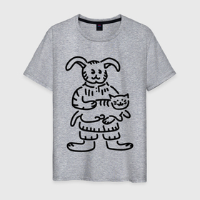 Мужская футболка хлопок с принтом Кролик гладит кота в Петрозаводске, 100% хлопок | прямой крой, круглый вырез горловины, длина до линии бедер, слегка спущенное плечо. | Тематика изображения на принте: 