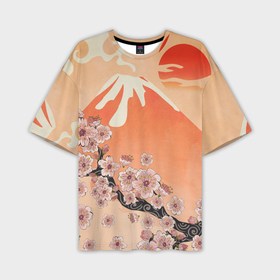 Мужская футболка OVERSIZE 3D с принтом Ветка цветущей сакуры и вулкан ,  |  | Тематика изображения на принте: 