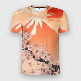 Мужская футболка 3D Slim с принтом Ветка цветущей сакуры и вулкан , 100% полиэстер с улучшенными характеристиками | приталенный силуэт, круглая горловина, широкие плечи, сужается к линии бедра | Тематика изображения на принте: 