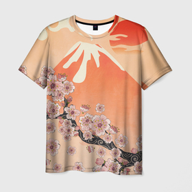 Мужская футболка 3D с принтом Ветка цветущей сакуры и вулкан , 100% полиэфир | прямой крой, круглый вырез горловины, длина до линии бедер | Тематика изображения на принте: 