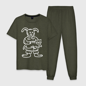 Мужская пижама хлопок с принтом Кролик гладит кота белый в Тюмени, 100% хлопок | брюки и футболка прямого кроя, без карманов, на брюках мягкая резинка на поясе и по низу штанин
 | 
