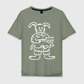 Мужская футболка хлопок Oversize с принтом Кролик гладит кота белый в Курске, 100% хлопок | свободный крой, круглый ворот, “спинка” длиннее передней части | 