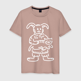 Мужская футболка хлопок с принтом Кролик гладит кота белый в Белгороде, 100% хлопок | прямой крой, круглый вырез горловины, длина до линии бедер, слегка спущенное плечо. | 
