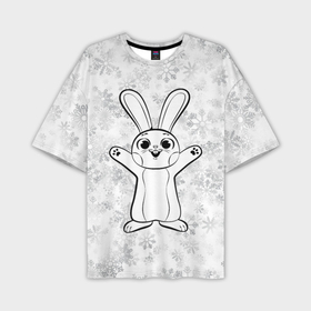 Мужская футболка OVERSIZE 3D с принтом Счастливый кролик и снежинки в Петрозаводске,  |  | Тематика изображения на принте: 
