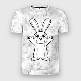 Мужская футболка 3D Slim с принтом Счастливый кролик и снежинки в Петрозаводске, 100% полиэстер с улучшенными характеристиками | приталенный силуэт, круглая горловина, широкие плечи, сужается к линии бедра | Тематика изображения на принте: 