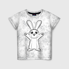 Детская футболка 3D с принтом Счастливый кролик и снежинки в Петрозаводске, 100% гипоаллергенный полиэфир | прямой крой, круглый вырез горловины, длина до линии бедер, чуть спущенное плечо, ткань немного тянется | Тематика изображения на принте: 