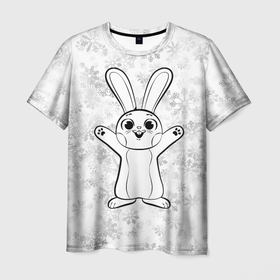 Мужская футболка 3D с принтом Счастливый кролик и снежинки в Петрозаводске, 100% полиэфир | прямой крой, круглый вырез горловины, длина до линии бедер | Тематика изображения на принте: 