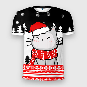 Мужская футболка 3D Slim с принтом Новогодний свитер с котиком в Екатеринбурге, 100% полиэстер с улучшенными характеристиками | приталенный силуэт, круглая горловина, широкие плечи, сужается к линии бедра | 