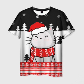 Мужская футболка 3D с принтом Новогодний свитер с котиком в Екатеринбурге, 100% полиэфир | прямой крой, круглый вырез горловины, длина до линии бедер | 