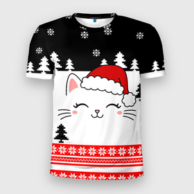 Мужская футболка 3D Slim с принтом Новогодний котик в шапочке в Екатеринбурге, 100% полиэстер с улучшенными характеристиками | приталенный силуэт, круглая горловина, широкие плечи, сужается к линии бедра | Тематика изображения на принте: 