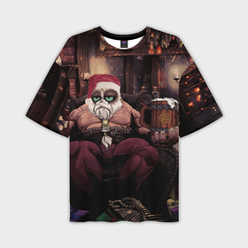 Мужская футболка OVERSIZE 3D с принтом Плохой Санта Кот в Новосибирске,  |  | Тематика изображения на принте: 
