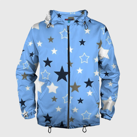 Мужская ветровка 3D с принтом Звёзды на голубом фоне в Курске, 100% полиэстер | подол и капюшон оформлены резинкой с фиксаторами, два кармана без застежек по бокам, один потайной карман на груди | 