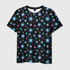 Мужская футболка 3D с принтом Зимние цветные звезды в Белгороде, 100% полиэфир | прямой крой, круглый вырез горловины, длина до линии бедер | 