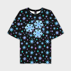 Мужская футболка OVERSIZE 3D с принтом Снежинки в ночном небе с цветными звездами в Новосибирске,  |  | 