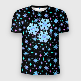 Мужская футболка 3D Slim с принтом Снежинки в ночном небе с цветными звездами в Екатеринбурге, 100% полиэстер с улучшенными характеристиками | приталенный силуэт, круглая горловина, широкие плечи, сужается к линии бедра | 