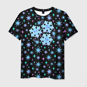 Мужская футболка 3D с принтом Снежинки в ночном небе с цветными звездами в Тюмени, 100% полиэфир | прямой крой, круглый вырез горловины, длина до линии бедер | Тематика изображения на принте: 
