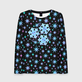 Женский лонгслив 3D с принтом Снежинки в ночном небе с цветными звездами в Санкт-Петербурге, 100% полиэстер | длинные рукава, круглый вырез горловины, полуприлегающий силуэт | 