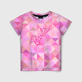 Детская футболка 3D с принтом Барби   логотип на геометрическом фоне , 100% гипоаллергенный полиэфир | прямой крой, круглый вырез горловины, длина до линии бедер, чуть спущенное плечо, ткань немного тянется | 