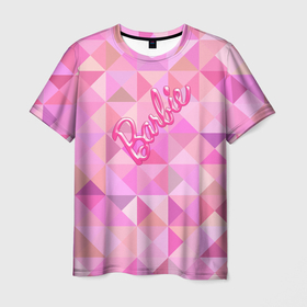 Мужская футболка 3D с принтом Барби   логотип на геометрическом фоне в Кировске, 100% полиэфир | прямой крой, круглый вырез горловины, длина до линии бедер | Тематика изображения на принте: 