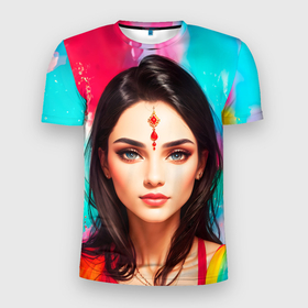 Мужская футболка 3D Slim с принтом Нейросеть   индийская девушка в акварели в Петрозаводске, 100% полиэстер с улучшенными характеристиками | приталенный силуэт, круглая горловина, широкие плечи, сужается к линии бедра | 