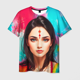 Мужская футболка 3D с принтом Нейросеть   индийская девушка в акварели в Петрозаводске, 100% полиэфир | прямой крой, круглый вырез горловины, длина до линии бедер | 