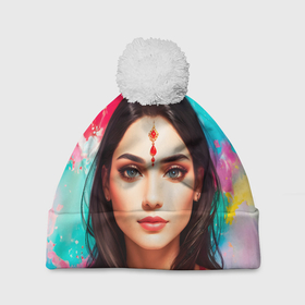 Шапка 3D c помпоном с принтом Нейросеть   индийская девушка в акварели в Курске, 100% полиэстер | универсальный размер, печать по всей поверхности изделия | 