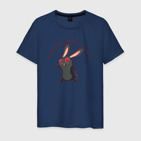 Мужская футболка хлопок с принтом Черный кролик убегает в Новосибирске, 100% хлопок | прямой крой, круглый вырез горловины, длина до линии бедер, слегка спущенное плечо. | 