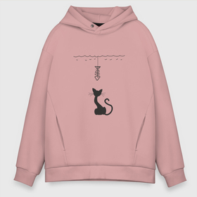 Мужское худи Oversize хлопок с принтом Cat and fish в Петрозаводске, френч-терри — 70% хлопок, 30% полиэстер. Мягкий теплый начес внутри —100% хлопок | боковые карманы, эластичные манжеты и нижняя кромка, капюшон на магнитной кнопке | 