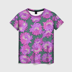 Женская футболка 3D с принтом Яркие хризантемы в Курске, 100% полиэфир ( синтетическое хлопкоподобное полотно) | прямой крой, круглый вырез горловины, длина до линии бедер | 