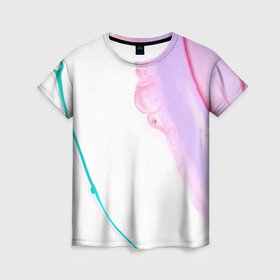 Женская футболка 3D с принтом Розовые и зелёные краски и линии на белом фоне в Курске, 100% полиэфир ( синтетическое хлопкоподобное полотно) | прямой крой, круглый вырез горловины, длина до линии бедер | 