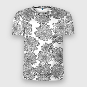 Мужская футболка 3D Slim с принтом Цветы хризантемы: линейный рисунок в Новосибирске, 100% полиэстер с улучшенными характеристиками | приталенный силуэт, круглая горловина, широкие плечи, сужается к линии бедра | Тематика изображения на принте: 