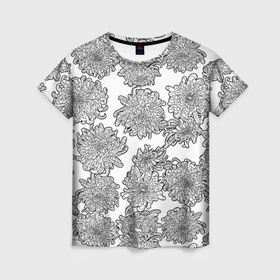 Женская футболка 3D с принтом Цветы хризантемы: линейный рисунок , 100% полиэфир ( синтетическое хлопкоподобное полотно) | прямой крой, круглый вырез горловины, длина до линии бедер | 