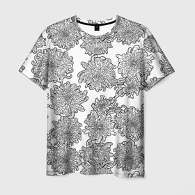 Мужская футболка 3D с принтом Цветы хризантемы: линейный рисунок в Новосибирске, 100% полиэфир | прямой крой, круглый вырез горловины, длина до линии бедер | Тематика изображения на принте: 