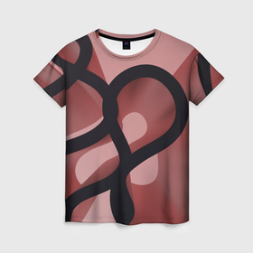 Женская футболка 3D с принтом Тёмные волнообразные линии на красном фоне в Екатеринбурге, 100% полиэфир ( синтетическое хлопкоподобное полотно) | прямой крой, круглый вырез горловины, длина до линии бедер | 