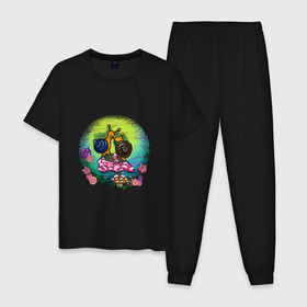 Мужская пижама хлопок с принтом Улитки на грибе любуются закатом , 100% хлопок | брюки и футболка прямого кроя, без карманов, на брюках мягкая резинка на поясе и по низу штанин
 | 