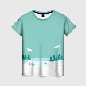 Женская футболка 3D с принтом бирюзовый зимний лес в Белгороде, 100% полиэфир ( синтетическое хлопкоподобное полотно) | прямой крой, круглый вырез горловины, длина до линии бедер | 