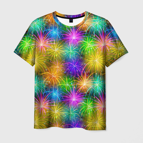 Мужская футболка 3D с принтом Салют разноцветный в Курске, 100% полиэфир | прямой крой, круглый вырез горловины, длина до линии бедер | Тематика изображения на принте: 