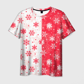 Мужская футболка 3D с принтом Снежинки красно белые в Новосибирске, 100% полиэфир | прямой крой, круглый вырез горловины, длина до линии бедер | Тематика изображения на принте: 