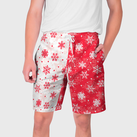 Мужские шорты 3D с принтом Снежинки красно белые в Новосибирске,  полиэстер 100% | прямой крой, два кармана без застежек по бокам. Мягкая трикотажная резинка на поясе, внутри которой широкие завязки. Длина чуть выше колен | Тематика изображения на принте: 