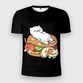 Мужская футболка 3D Slim с принтом Гамбургер из котиков в Кировске, 100% полиэстер с улучшенными характеристиками | приталенный силуэт, круглая горловина, широкие плечи, сужается к линии бедра | Тематика изображения на принте: 