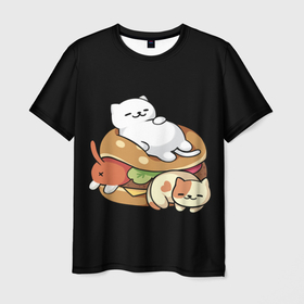 Мужская футболка 3D с принтом Гамбургер из котиков , 100% полиэфир | прямой крой, круглый вырез горловины, длина до линии бедер | 