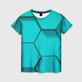 Женская футболка 3D с принтом Большие бирюзовые соты в Белгороде, 100% полиэфир ( синтетическое хлопкоподобное полотно) | прямой крой, круглый вырез горловины, длина до линии бедер | 