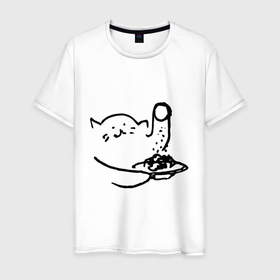 Мужская футболка хлопок с принтом Котик солит еду , 100% хлопок | прямой крой, круглый вырез горловины, длина до линии бедер, слегка спущенное плечо. | Тематика изображения на принте: 